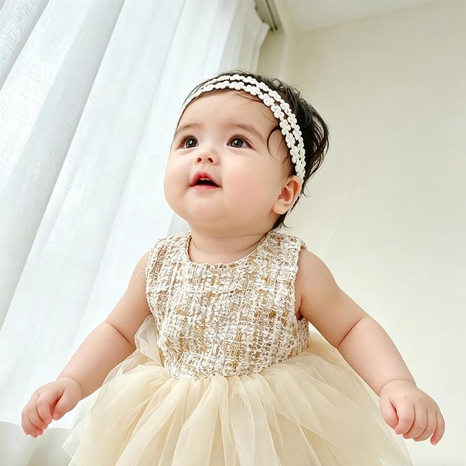 Baby Girls Hairband White Bow Lace Headbands Handmade Soft Stretchy Wide Head Band Newborn Hairbands with Bows Pearls Elastic Headband for Infant Hair Accessories（Flower Pearl）