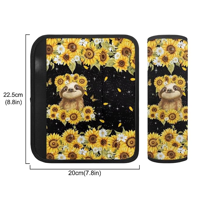 Biyejit Sunflower Sloth Car Seat Straps Shoulder Pads for Baby Kids, 2 Pieces Boys Girls Super Soft Seat Belt Covers for All Car Seats/Pushchair/Stroller