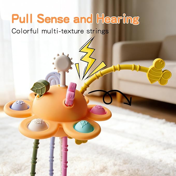 Food Grade Silicone Pull String Baby Toy, Montessori Pull String Sensory Toy for 18 Months Babies Teething Toys (Yellow)