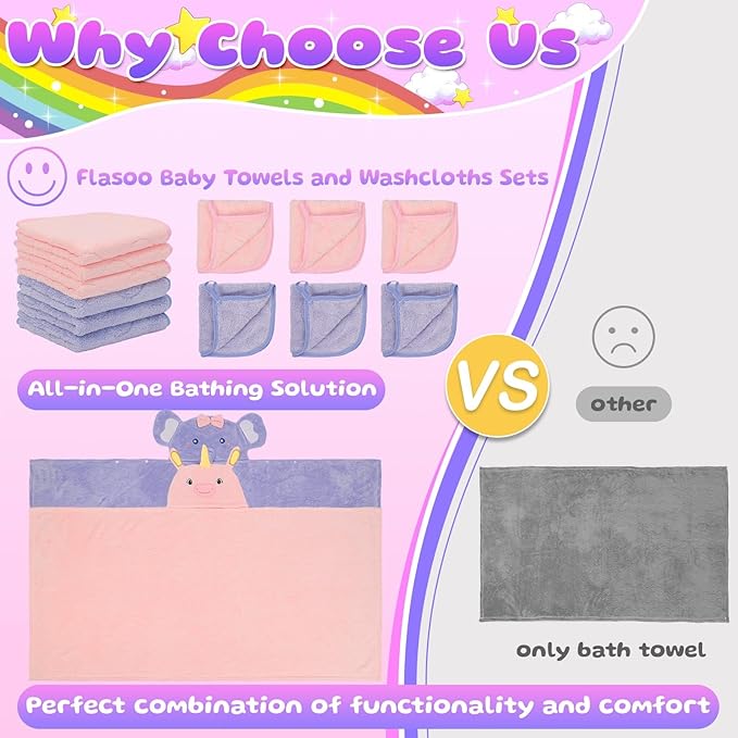 Flasoo 8 Pcs Toddler Bath Towel Set, 2 Pcs Toddler Towels with Hood, Large 55" x 27.5" Toddler Towels & 6 Pcs Baby Washcloths for Boy Girl, Soft Absorbent Gift for Baby, Infant, Newborn Essential