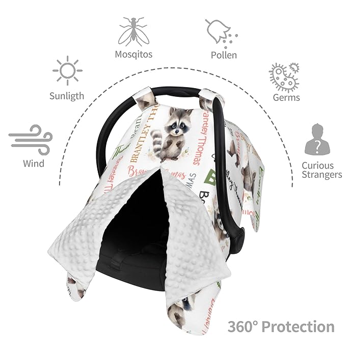 Personalized Winter Baby Car Seat Cover with Name Raccoon Winter Car Seat Cover for Baby Seat or Stroller Custom Infant Car Seat Covers Minky Blankets Nursing Cover Breastfeeding Scarf