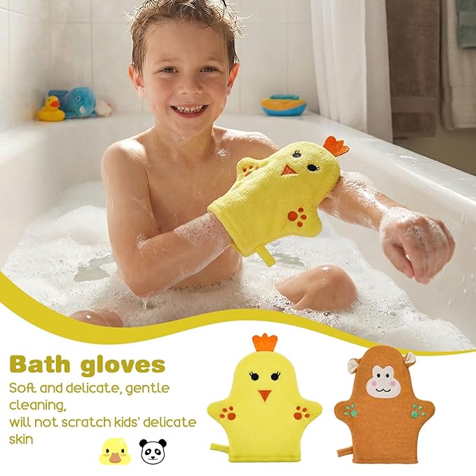 2PCS Baby Bath Mitt Washcloths Gloves Monkey Chicken Toddler Soft Washcloths for Kids Designed in Cute Animal Towel Gentle Scrub for Baby Girl Boy Bath Shower