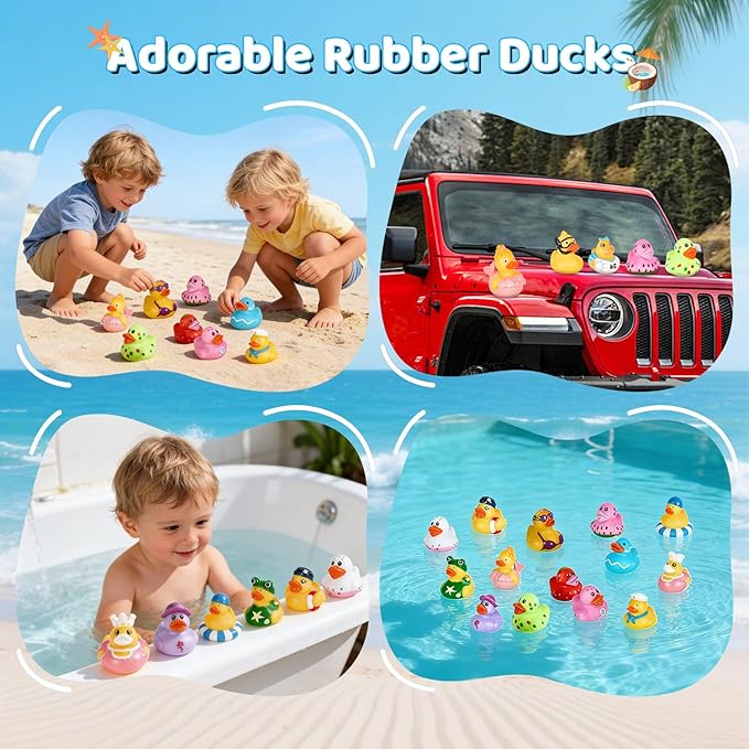 24Pack Summer Rubber Ducks with a Bag, Summer Duck for Jeeps, Assorted Beach Toys for Pool, Duckies Games, Party Favors, Birthday Gifts, Classroom Incentives, Baby Kids Swimming Pool Water Bath Toys
