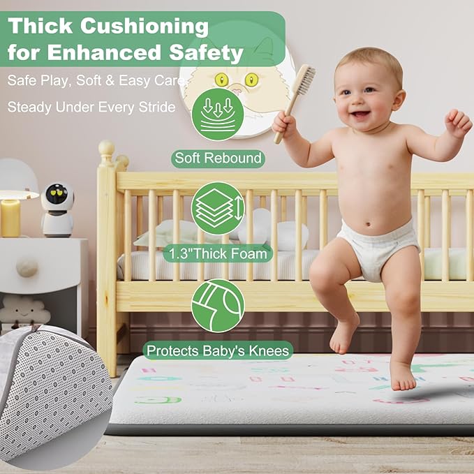 1.3" Thick Baby Play Mat for Floor, Elasti-Foam 50x50 Playpen Mat, Water Repellent Ultra Soft Coral Velvet Tummy Time Crawling Mats for Kid Toddlers Infants, Non-Slip Backing Safe Alphabet Zoo