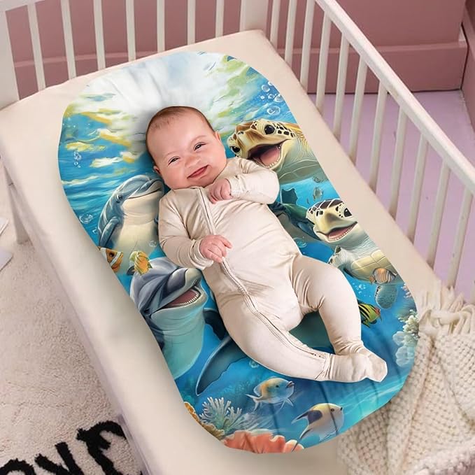 Dolphin Baby Lounger Cover for Boys, Sea Turtle Newborn Lounger Covers, Ocean Animals Removable Nest Slipcover, 31.5'' x 21.3''