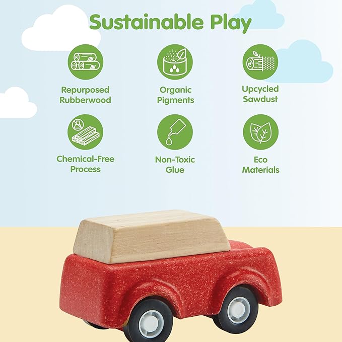 PlanToys® Red SUV Wooden Montessori Vehicle Toy | Early Movement, Imagination and Practical Life Exploration | Eco Friendly Car for Indoor and Outdoor Play