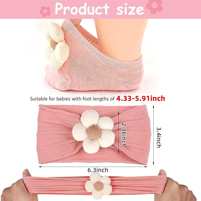 MIUXUESO Baby Girls Headbands and Socks Newborn Flower Hairbands Non-Slip Grips Socks Nylon Hair Accessories Infants and Toddlers (Beige, 6-12 Months)