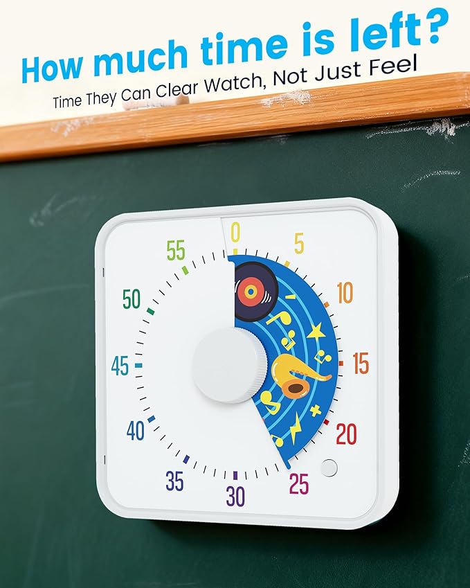 BellMan 8 Inch Large Visual Timer for Kids and Adults, Non-Ticking Visual Countdown Timers with 5 Music Alarm for Classroom Desk Countdown Clock with Magnetic Backing (White)