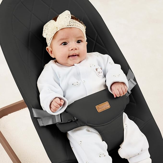 Foldable Baby Bouncer, Baby Seat with 3 Adjustable Heights, Portable Newborn Rocker, Ergonomic Bouncy Seat for Natural Bounce, Bouncer for Babies 0-6 Months, Soft Cotton (Charcoal Gray)