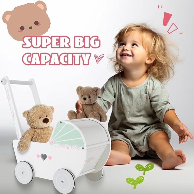 WOODENFUN Wooden Baby Push Walker for 1 Year Old and up, Toddler Shopping Cart Push Toys for Boys Girls