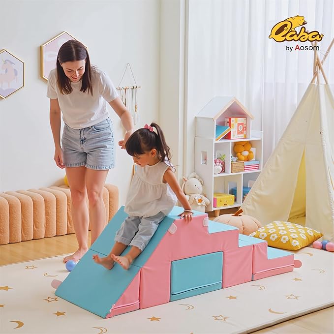 Qaba Toddlers Climbing Toys, Foam Climbing Blocks, 2 Pieces PU Leather Soft Play Set Indoor for Crawling or Sliding Aged 1-3 Years, Multicolor