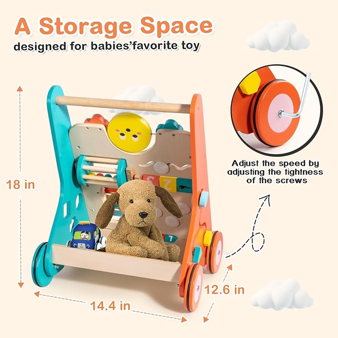 Wooden Baby Walker with Wheels, Walker for Baby Boys 12 Months Push Toy, Sit to Stand Activity Walker Learning to Walk