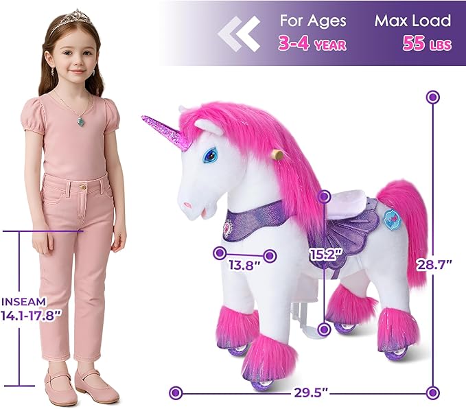 PonyCycle Ride on Unicorn Riding Unicorn Pink Toys Advanced Model Y Plush Animal (28.7" Height/Size 3 for Kids Ages 3–4) Indoor Outdoor Riding Horse, No Electricity Birthday Gift for Kids Y352