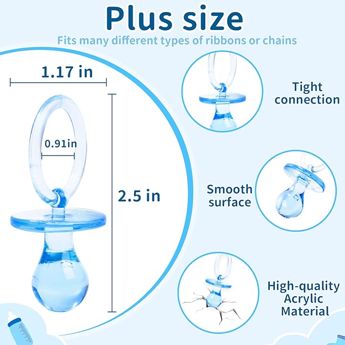 36 Pieces Acrylic Pacifiers for Baby Shower Games Boy, 2.5'' Baby Shower Pacifiers, Bulk Pacifier for Hunt Games, Gender Reveal Table Scatter, Party Favors Decoration(Blue)