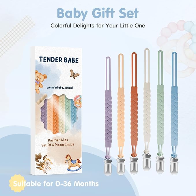 Silicone Pacifier Clips for Baby Boys and Girls, Woven Rope Flexible Design, Pacifier Holders for Teething Relief and Baby Essentials, Safe for Newborns (6 Pack)