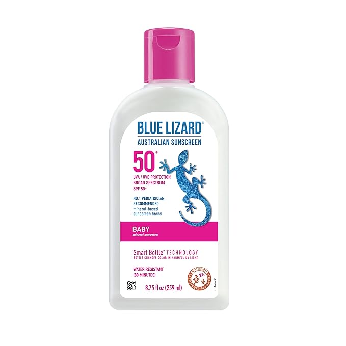 BLUE LIZARD Baby Mineral Sunscreen with Zinc Oxide, SPF 50+, Water Resistant, UVA/UVB Protection with Smart Bottle Technology - Fragrance Free, 8.75 oz