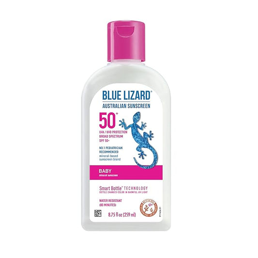 BLUE LIZARD Baby Mineral Sunscreen with Zinc Oxide, SPF 50+, Water Resistant, UVA/UVB Protection with Smart Bottle Technology - Fragrance Free, 8.75 oz