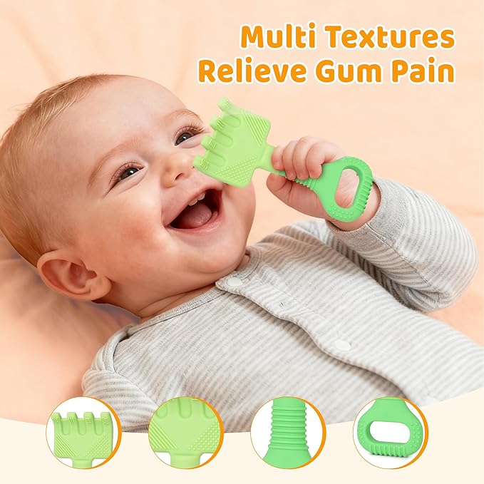 Baby Teething Toys, Baby Teether Toys Shovel & Rake Silicone Teethers for Babies 0-6 Months 6-12 Months, Multi-Texture Gum Massage Teething Relief Easy Grip for Infants Newborn Toddler, 2 Pack