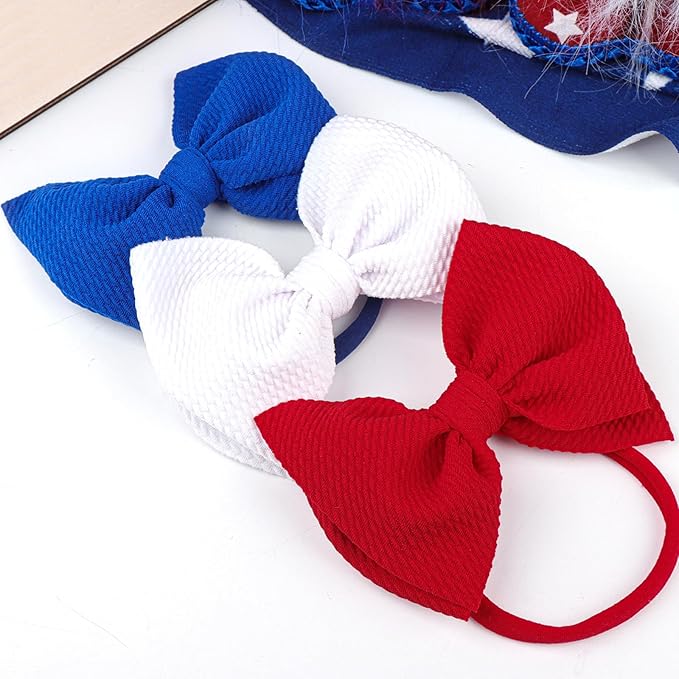 YanJie 3rd of July Hairband Nylon Baby Girl Bows with Red, White, Blue Accents - One Size Fits All Infant Toddler Headbands for Festivals, Everyday Wear, and Special Occasions - Set of 3