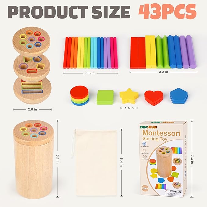 DINORUN Wooden Montessori Toddler Toys - 3 in 1 Sensory Toys for Color Shape Matching, Learning Fine Motor Skills, Educational Toys for Toddlers 1-3, Travel Toys for Boys Girls Gifts