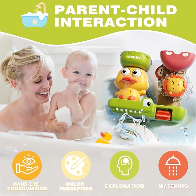Bath Toys for Toddlers 1-3 with 3 Strong Suction Cups, Interactive Squirting Duck & Spinning Lion Water Toys for Bathtub Fun, Ideal Christmas Shower Gift for Boys & Girls 18M+