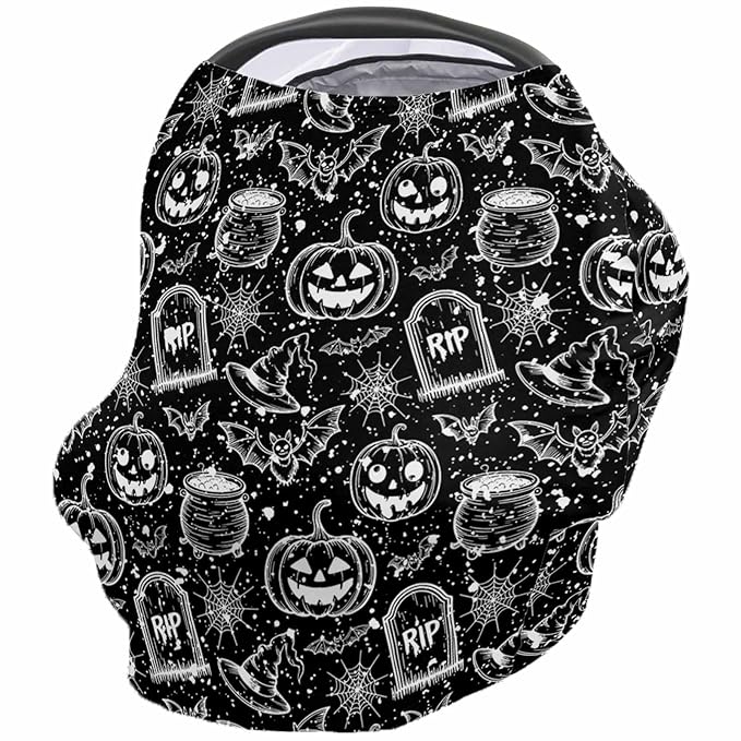 Nursing Cover for Breastfeeding Scarf Super Soft Cotton Multi Use for Baby Car Covers Canopy Shopping Cart Cover Blanket Stroller Cover Halloween Themed Pumpkin Witch Bat Spider Black