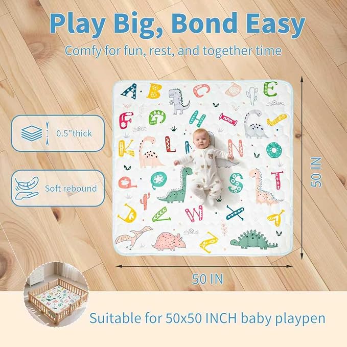 Baby Mat for Floor, Gentle Monster 50x50 Cushioning Padded Baby Playpen Mat, Non-Slip and Machine Washable Crawling Mat for Infants, Babies, Toddlers to Play and Learn Dinosaur Design