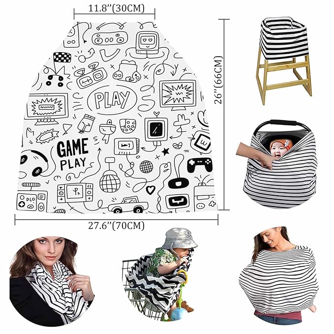 Video Games Car Seat Covers for Babies Boy Girl Capony Covers Gaming Racing Nursing Cover Breastfeeding Scarf Soft Breathable Stretchy Coverage, Monochrome Sketch Infant Stroller Cover Shopping Cart