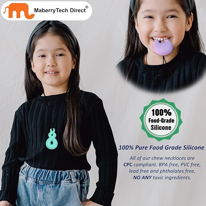 Chew Necklaces for Sensory Kids Boys Girls, 6 Pack Silicone Sensory Chewy Necklace Mouth Fidgets Chewing Necklace for Kids Adults with Autism Anxiety ADHD, BPA Free