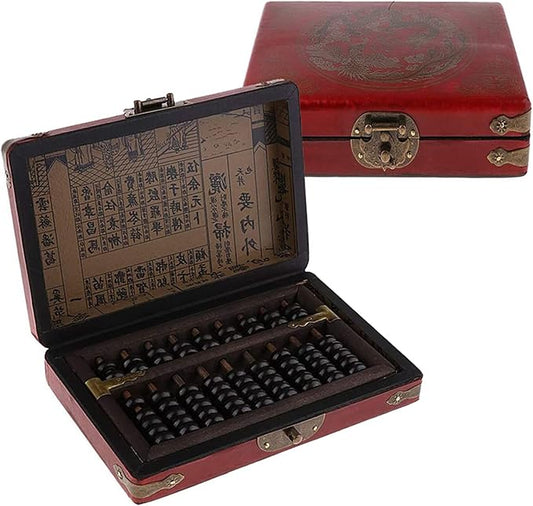 Chinese Abacus with Vintage Leather Box,Classic Wooden Abacus 9 Column Bead Arithmetic Abacus with Classic Calculator Counting Gifts Collectibles Abacus Gift for Adults