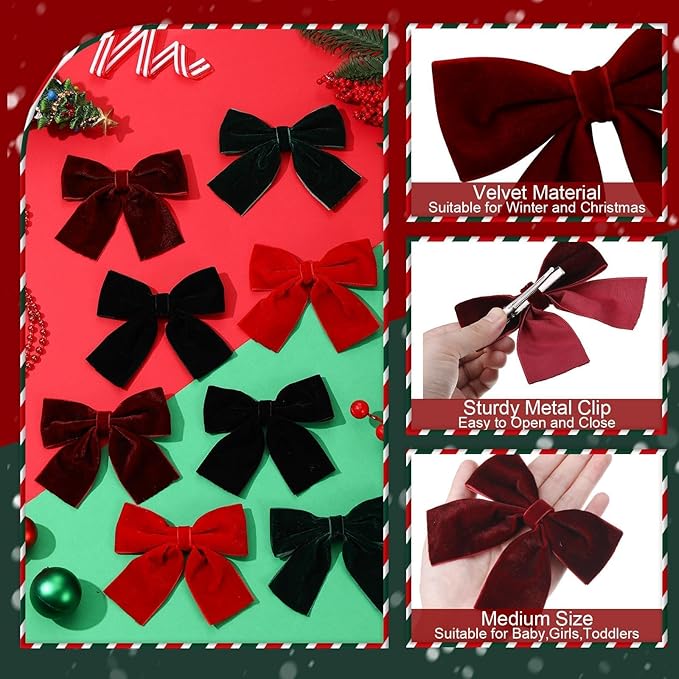 8 Pcs Velvet Hair Bows for Girls, 4" Christmas Hair Bows with Alligator Clips Christmas Bow Hair Accessories Stocking Stuffers for Girls Toddler Kids