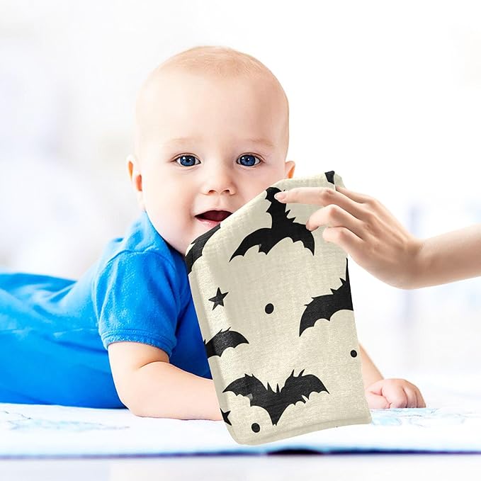 Burbuja Flying Bats Baby Washcloths - Muslin Cotton Soft Absorbent Baby Towel for Newborn Baby Sensitive Skin - Baby Essential Item, 12x12 in, 3 Pack
