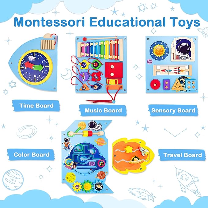 Montessori Busy Board, Sensory Wall Panel for Kids, Activity Wall Busy Board with DIY Rocket Stickers, Activity Cube Wooden Boards for 3+ Years Old