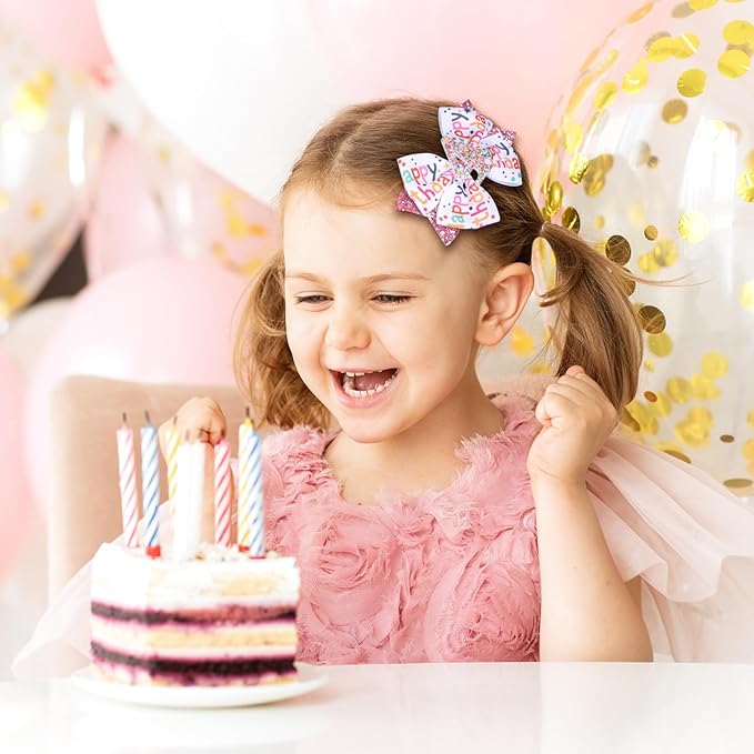 4" Glitter Happy Birthday Hair Bow Clips for Girls Ages 1-6, Pink Ribbon Cheer Bow Barrettes Alligator Hairpins, Confetti Ice Cream Party Dress Accessories, Her 4th Birthday Gift