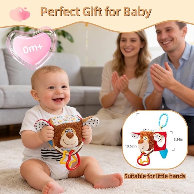 Hanging Baby Toy Cube for Car Seat, Infant Sensory Toys 0-6-12 Month, Montessori Plush Toys for Plane Travel Game Activity with Crinkle, Squeaky, Textures, Mirror Nowborn Baby Boy Girl Gifts