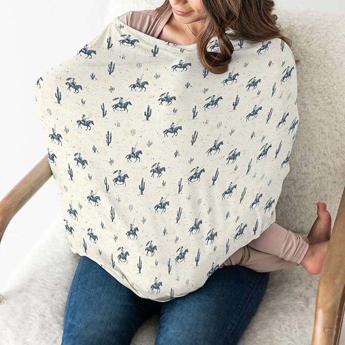 Vintage Western Cowboy Car Seat Covers for Babies Retro Cowboy Horse Cactus Stretchy 5-in-1 Cover Adjustable Car Canopy Cover Wild Desert Country Breathable Nursing Cover-Up