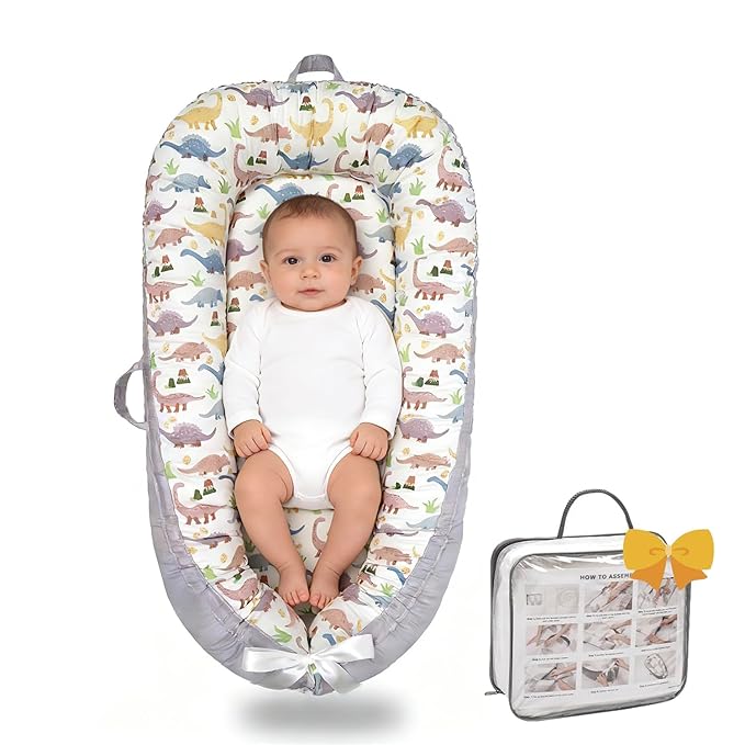 Baby Lounger-Breathable and Soft Organic 100% Cotton, Portable Infant Lounger with Removable Lounger Cover,Floor Lounger for Newborn - Classic Dinosaur