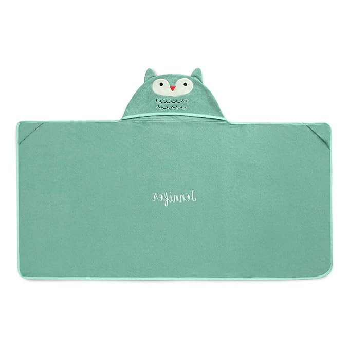 Delta Children Personalized Kids Hooded Bath Towel with Pockets - Super Soft and Absorbent- Great Gift for Boys and Girls, Light Teal Owl
