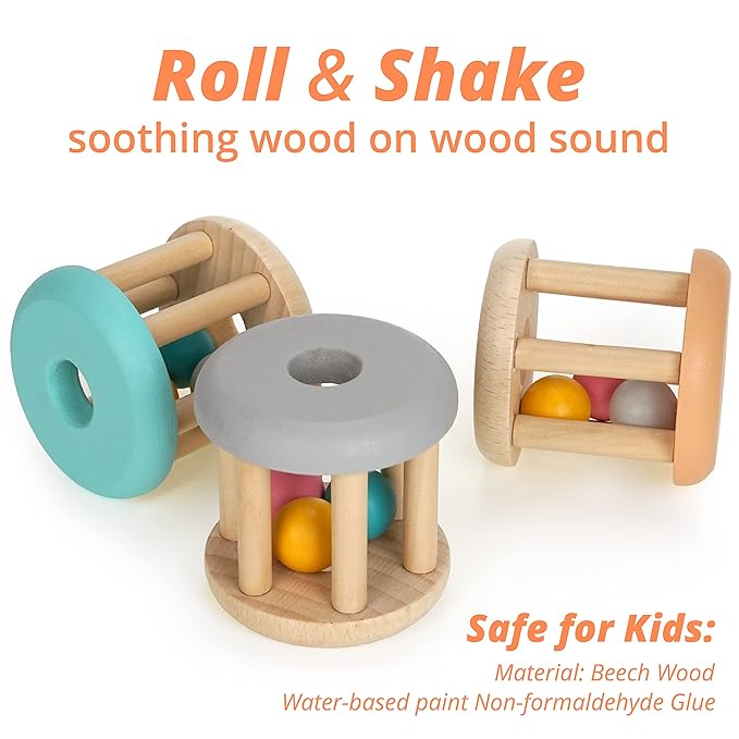 DUCKBOXX XX® Montessori Infant Educational Toys, Natural Wood Rolling Rattle Toy, Early Learning Toy for Developing Fine Motor Skills and Color Recognition, for Ages 0m–2yrs (Burlywood Base - 3pcs)
