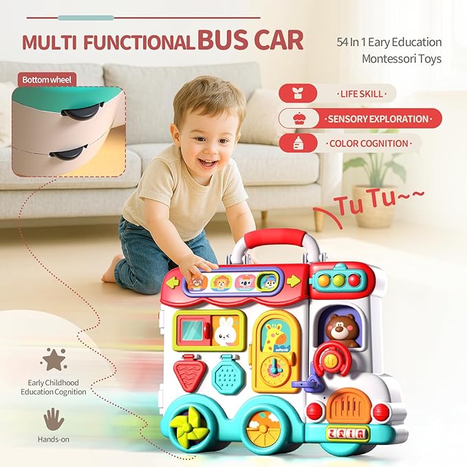 54-in-1 English & Spanish Musical Busy Board Montessori Toys, Early Educational Montessori Toy for 1 2 3 Year Old Boys, Bilingual Learning Toy Gifts for 1+ Year Old Boys