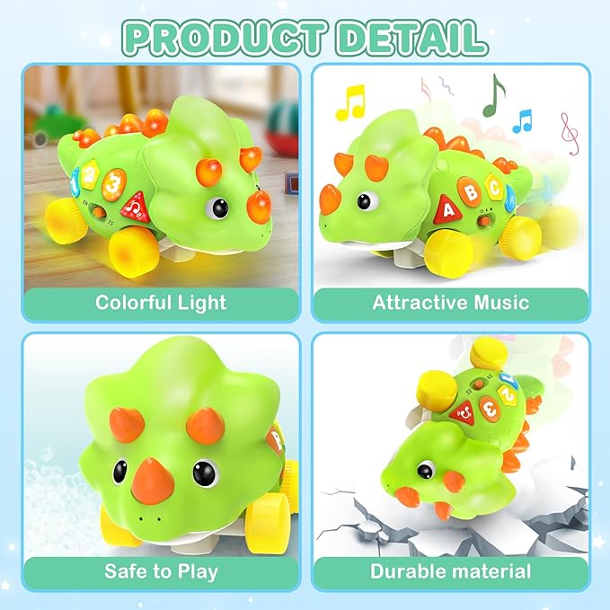 Musical Dinosaur Toys for 1 Year Old Baby - Tummy Time Light up Toys for Newborn Infant, Crawling Toys for 6-12-18 Months Kids, Early Learning Educational Toys and Gifts for 1-3 Year Old Toddlers