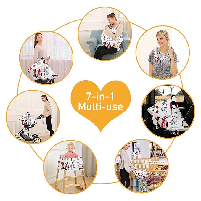 Personalised Car Seat Cover for Babies - Multi-use Carseat Canopy Cover Red Penguin Print with Name, Car Seat Covers, Christmas Birthday Gifts for Infant Boys and Girls(27"x29")