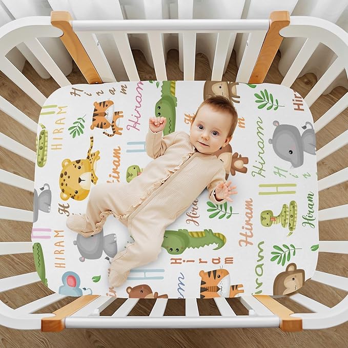 Personalized Mini Crib Fitted Sheet for Baby Boys Girls, Customized Name Multiuse Sheets for Pack & Play, Playard, Playpen, Mini Crib Mattress, Custom Pack and Play Sheets with Name, Cute Animal