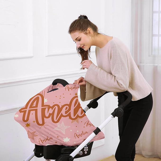 Personalised Car Seat Cover for Babies - Multi-use Pink Carseat Canopy Cover with Name, Car Seat Covers, Christmas Birthday Gifts for Infant Boys and Girls