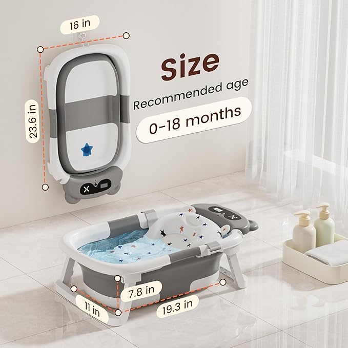 Baby Bathtub,Foldable Baby Bath Tub for Newborn to Toddler (0-18 Months) – Collapsible Infant Tub for Travel with Thermometer, Soft Cushion,Grey