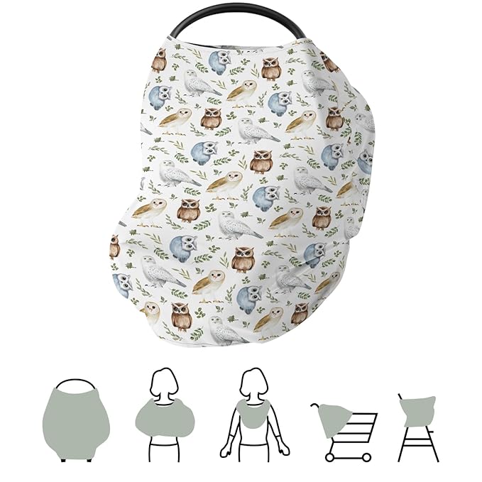 Watercolor Owls Boho Leaves Car Seat Cover for Babies Owl Breeds Green Leaves Stretchy 5-in-1 Cover Adjustable Infant Carseat Cover Canopy Vintage Birds Breathable Nursing Cover-Up