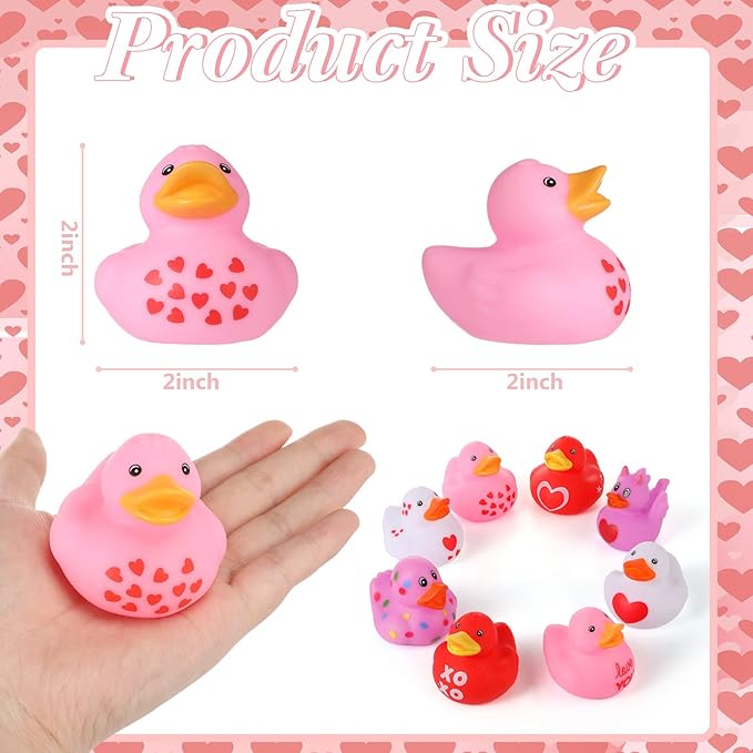 Sratte 36 Pcs Valentine Ducks Rubber Ducks in Bulk 2 Inch Mini Love Heart Assorted Pink Red White Squeaky Bath Toys for Valentines Party Favors Classroom Goodie Bag Fillers