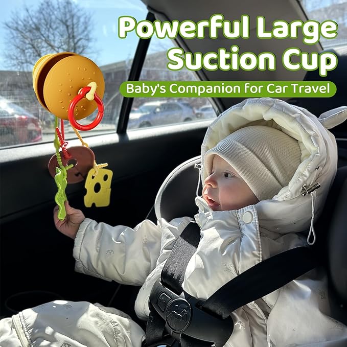 Aprilwolf Hamburger Suction Cup Toys Holder for High Chair, Stroller Baby Toys 6-12 Months & Toddlers, 3 Tethers Keep from Falling, Great for Restaurant & Car Seat Airplane Travel