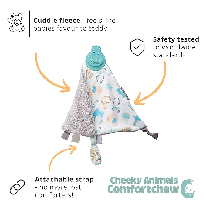Cheeky Chompers Comfortchew | Baby Lovey with Silicone Teether & Sensory Tags | Soft Fleece Material, Attachable Loop, Machine Washable (Cheeky Animals)