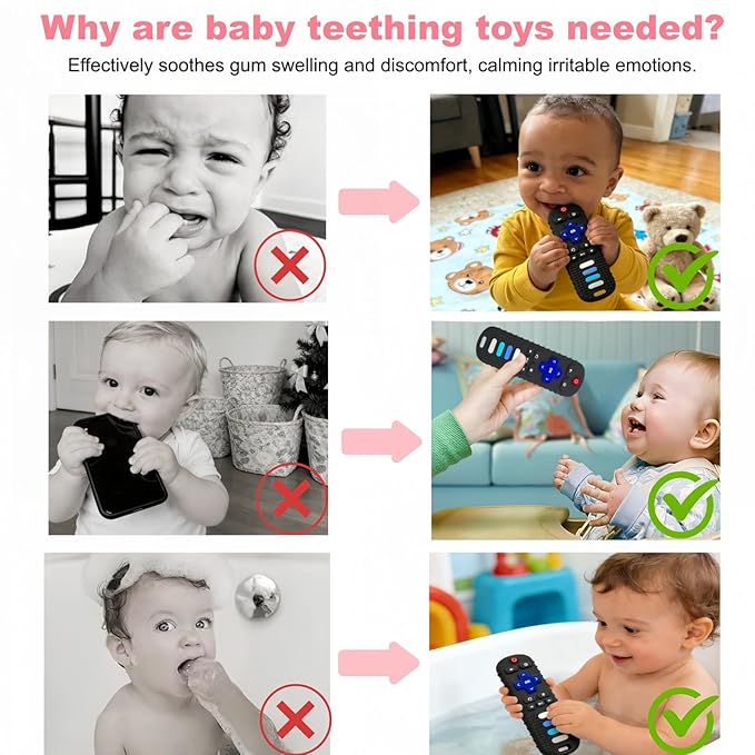 2Pcs Baby Teething Toys, BPA-Free Food Grade Silicone Baby Remote Control Teething Toy for 3-18 Months, Teething Relief Baby Toys, Teething Relief Newborn TV Remote Shaped Toy (Black&Pink)